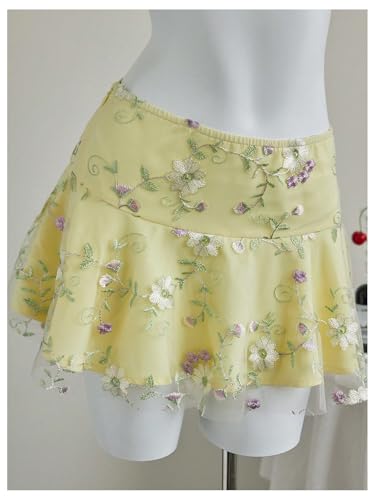 SweatyRocks Women's Floral Embroidery Mesh Ruffle Mini Skirt Low Waist Boho Summer Flared Skirts3
