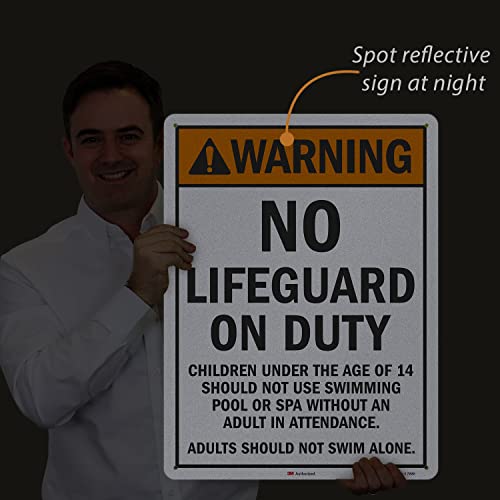 SmartSign 24 x 18 inch “Warning - No Lifeguard On Duty, Children Under 14 Should Not Use Pool” Metal Sign, 80 mil Aluminum, 3M Laminated Engineer Grade Reflective Material, Orange, Black and White