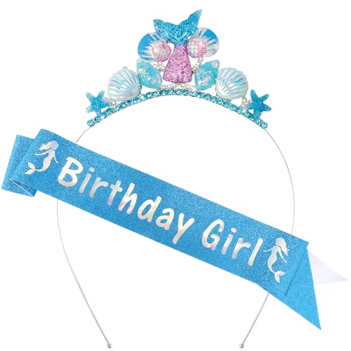 SuPoo Mermaid Party Decorations Outfit - Headband Crown, Sash, Tail, Tiara, Seashell Accessories for Birthday Girl
