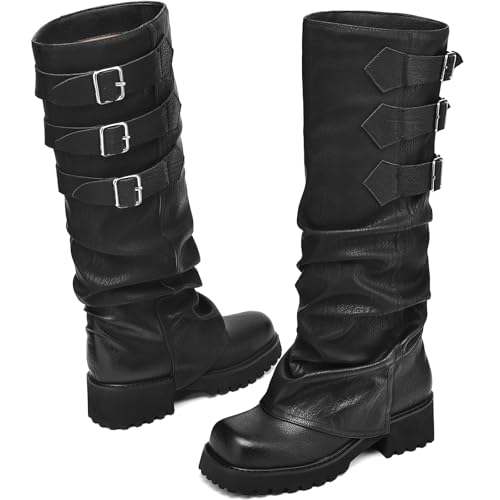 Knee High Boots for Women Fold Over Boots Slouchy Square Toe Biker Boots Platform Riding Boots Gothic Moto Buckle Boots2