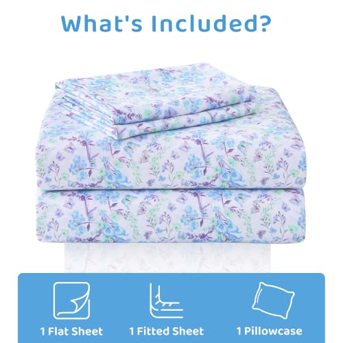 Image of Mooreeke Cozy Floral Microfiber Printed Twin Sheet Set - Soft & Breathable Blue Purple Floral Bed Sheets with Deep Pocket - Non-Slip Fitted Design - Blue Purple Flowers Pattern - Twin