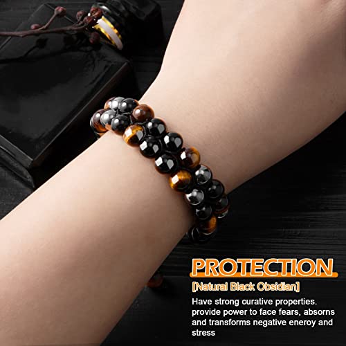 Miidd Triple Protection Bracelet For Men Women,Beaded Couples Handmade Bracelets,Obsidian Hematite And Tiger Eye 8Mm Crystal Healing Stone Bracelet Bring Luck Prosperity Happiness #TOP4
