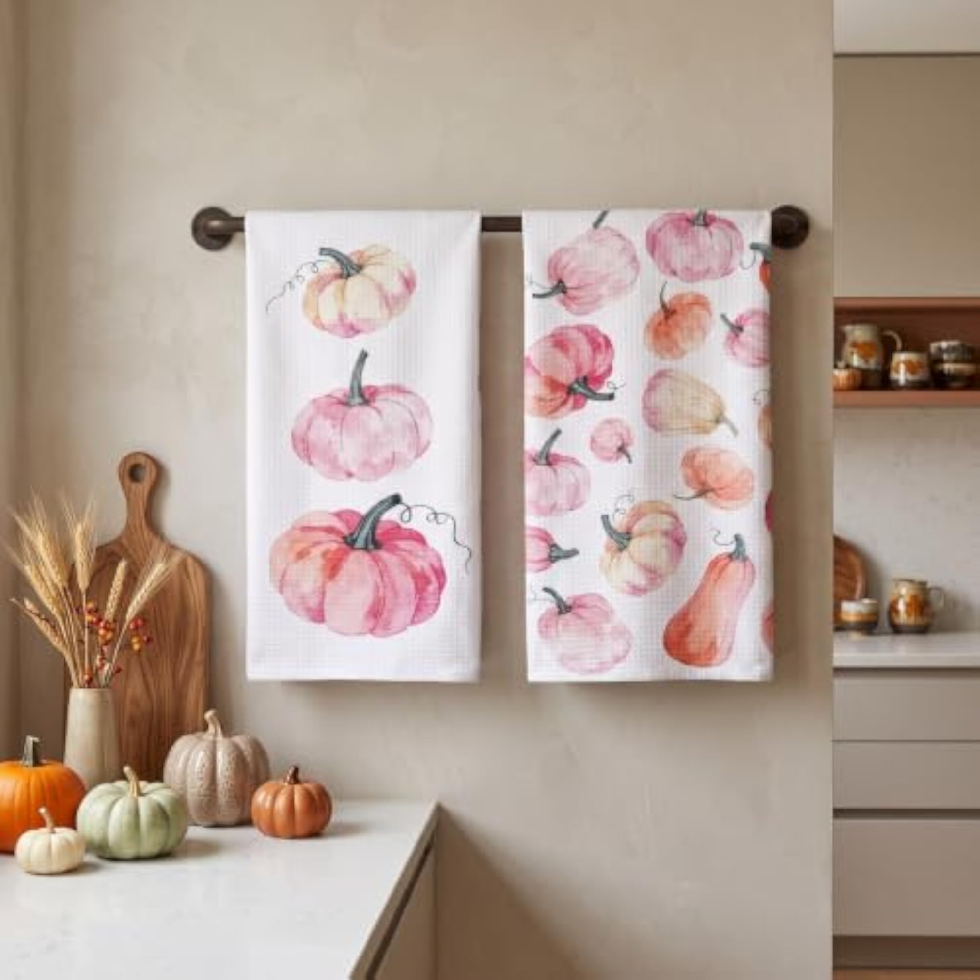 Set of 2 Cotton Fall Kitchen Towels, Pumpkin Pink