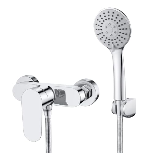 Rehomthy Mitigeur Douche avec Douchette, Robinet Douche Mural, Mitigeur de Douche monocommande avec Douchette 3 Jets et Flexible 1.5m, Chromé