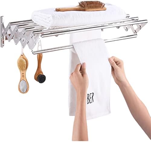 Wall Mounted Folding Laundry Drying Rack - Retractable Clothes Airer Towel Rail with Hooks, Space-Saving Design for Efficient Drying and Organization