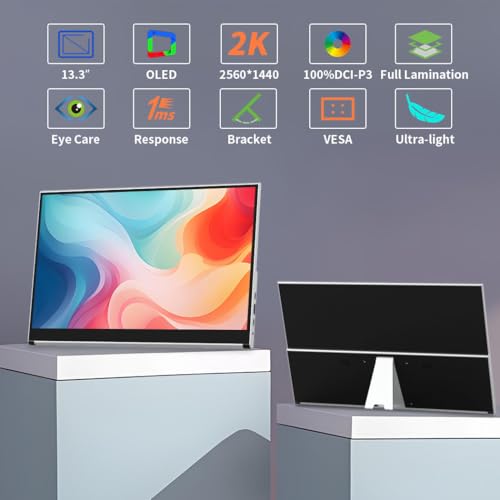Image of OLED Portable Monitor 13.3 inch, 2K Touchscreen Gaming Monitor, 100% DCI-P3, 10-Bit Color, 1ms, Ultra-Slim w /Kickstand, USB-C & HDMI External Display for Laptop /PC