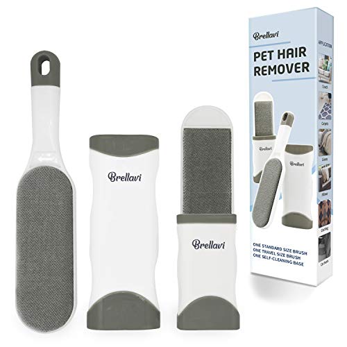 Pet Hair Remover - 1 Double-Sided Standard-Size, 1 Travel Pet Hair Removal Brush, Self-Cleaning Base - Remove Cat and Dog Fur, Lint, Fluff from Carpet, Car Seat, Couch, Clothing, Bedding, Fabric, Gray
