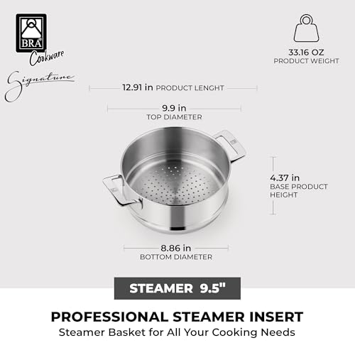 Image of BRA COOKWARE Signature 3-Piece 9.5 inch Steaming Set | Professional Pots & Steamer Set | Stainless Steel Cookware Set w / 1 Pot, 1 Steamer, 1 Lid | All Stovetop Compatible | PFOA Free