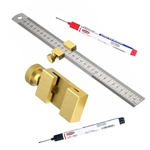 Messing stahl lineal Mit Metallanschlag,Metalllineal,Linealanschlag Streichmass,Anreißlineal Edelstahl,linealanschlag Anreisswerkzeug,Kombinationswinkel Zimmermannswinkel (Brass)