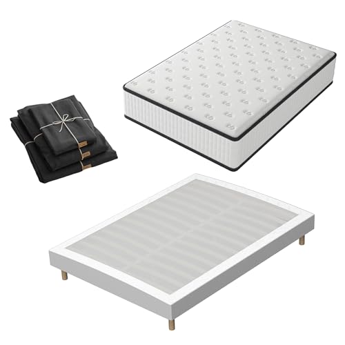 TEENO Matelas à mémoire de Forme et sommier 160x200 Ensemble, Matelas 160x200 et Parure de lit 4 pièces+Sommiers à Lattes avec 9 Pieds pour Adulte | 2x14 Lattes...