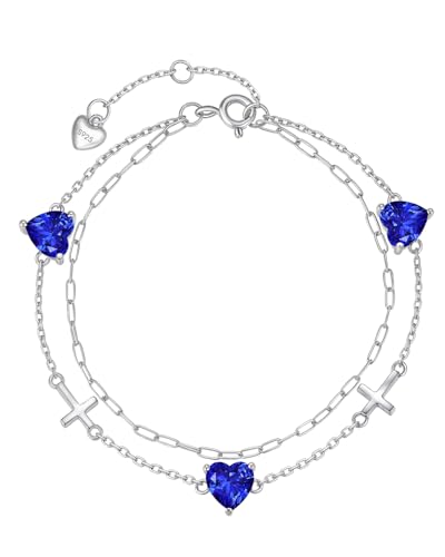 Birthstone Cross Bracelet for Women, S925 Sterling Silver Heart Bracelet with 5A Cubic Zirconia, Dainty Link Charm Double Layer Jewelry Birthday Gift for Her