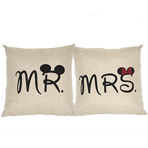Natural Home Mr Mrs Kissenbezüge Liebhaber Hochzeit Kissen Retro Baumwolle Kissenhülle 45X45 (2er Set)