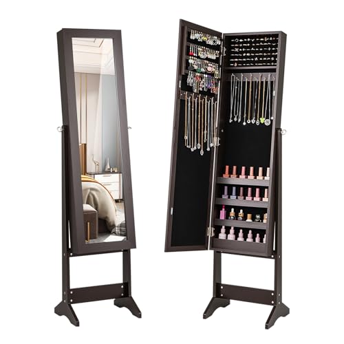 LDAILY Jewelry Armoire, Jewelry Cabinet Standing with Full Length Mirror, 3 Adjustable Angles, Large Storage Capacity, Freestanding Jewelry Organizer for Bedroom, Dressing Room (Espresso)