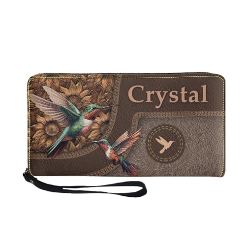 Image of Bulopur Custom Name Wallet for Women Hummingbird Zip Around Wristlet Purses PU Leather Waterproof Minimalist Wallet Long Handbags Coin Cash Holder for Travel Shopping Work