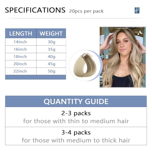 Image of COOKAYU Invisi Edge Tape in Hair Extensions Human Hair, Ash Brown to Platinum Blonde 20Inch 20pcs 45g Straight Invisible Injected Tape in extensions