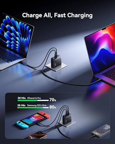 INIU 100W GaN USB C Charger, 3-Port Compact Fast Charging Block with 5ft 100W USB C Cable, Foldable Travel Laptop Charger for MacBook Pro Air 15 14, iPhone 17 16 Pro Max Samsung S26 S25 Dell etc White - 2