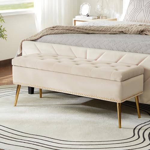 HULALA HOME Banc de Rangement Moderne en Velours avec Base dorée et Garniture cloutée, Banc de...