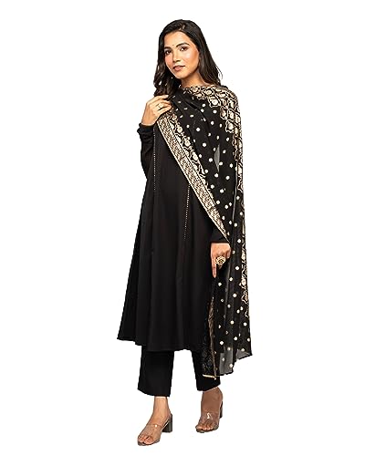 Image of FIORRA Women's Balck Crepe A-line Kurta with Pant and Dupatta