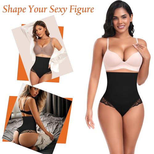 Image of Werena Tummy Control Thong Shapewear for Women High Waisted Body Shaper Panties Shaping Thong Girdle Underwear(02# Lace Black,Medium)