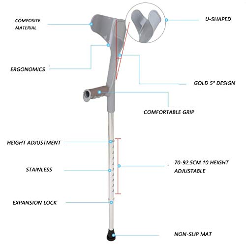 Kula przedramienia Kule łokciowe Ultralight Aluminium Assistant Regulowana wysokość (70-92.5) cm z wygodnym uchwytem, czarny 1 sztuka (Color : Black 1pcs (Silver 2)