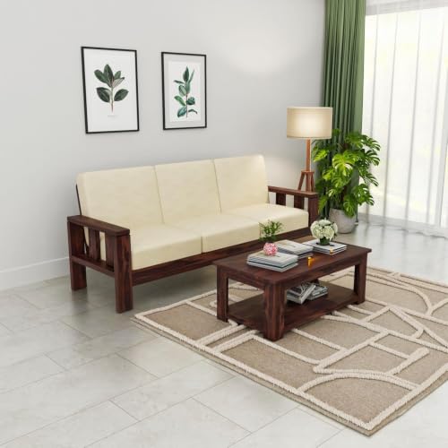 Image of Sheesham Wooden 3 Seater Sofa for Living Room | Rosewood 3 Seater Cushion Sofa for Home & Office | Solid Wood Sofa Set for Lounge (Walnut, 3 Seater)