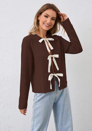 Image of calbatic Women Long Sleeve Bow Tie Front Cardigan Sweater Open Front Knit Pullover Tops Casual 2024 Fall Winter Brown