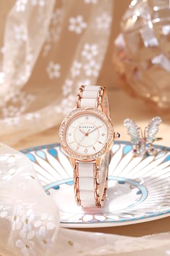 Image of Giordano Flower Case Watch for Women with Crystal-Studded Bezel, Diamond Hour Markers & Dual Tone Stainless Steel Strap