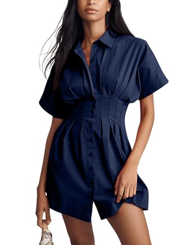 Image of Women Summer Short Sleeve Button Front Pleated Shirt Dress Striped Collar V Neck Casual Y2k Swing Short Mini Dress