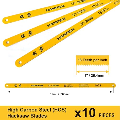 Hanpex Hacksaw Replacement Blades (10 Pack) High Speed 24 TPI - 12" Length Hack Saw Blade - High Carbon Steel (HCS) Cutting Blades