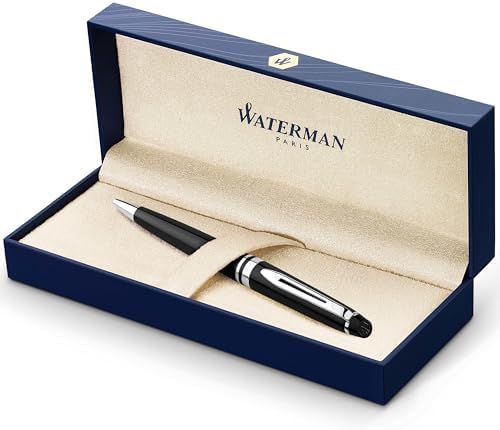 Waterman Expert Ballpoint Pen, Gloss Black with Chrome Trim, Medium Point with Blue Ink Cartridge, Gift Box