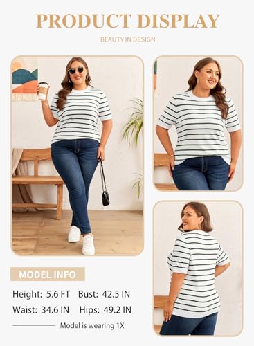 Image of Eytino Women Plus Size Sweater Tops Short Sleeve Crewneck Striped Tshirts Casual Summer Blouses Shirts(1X-5X)