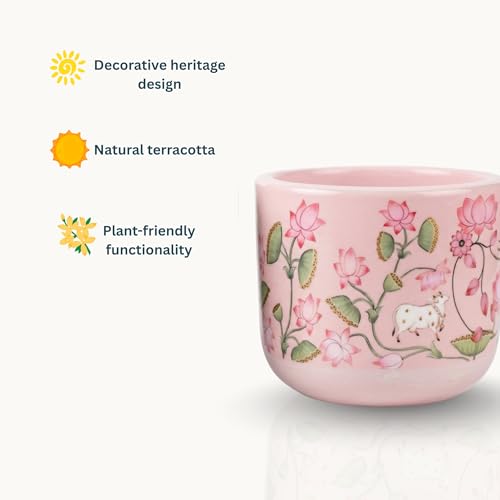 Image of Terracotta Planter Set, Pink Lotus Design, Pichwai Print Terracotta Pots with Glass Coating, 2 Piece Set for Indoor Garden and Home Decor | Table Top Decor