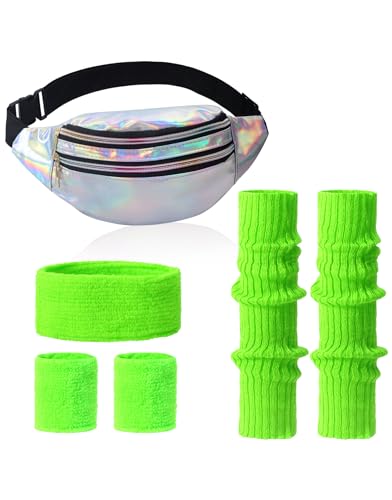Clundoo Disfraz de los años 80 Accesorios con Riñonera, Pulseras, Diadema de Neón y Calentadores de Pierna para 90s Fiesta Cosplay Carnaval (Verde)
