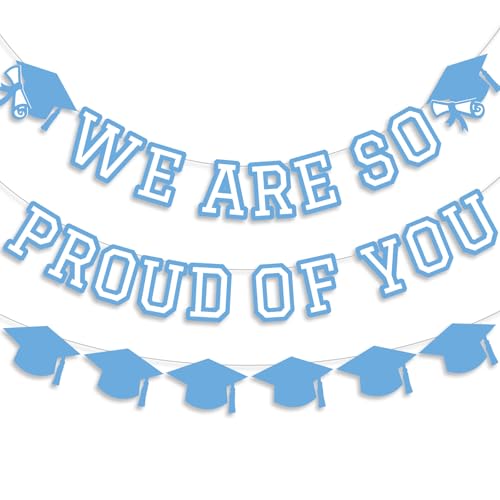 Image of We Are So Proud Of You Banner Graduation Party Decorations Congrats Grad Cap Garlands Wall Sign Light Blue White