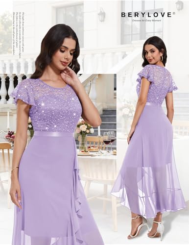 Image of BeryLove Formal Long Dresses for Women Wedding Guest Cocktail Bridesmaid | Airy Lace & Chiffon Evening Gown, Flutter Sleeve, Ideal for Mother of the Bride, Prom, Homecoming Party & Semi-Formal Events
