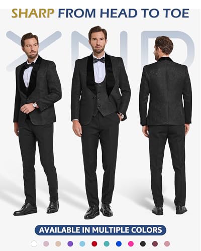 YND Men's 3 Piece Luxury Tuxedo Set, Jacquard Slim Fit Shawl Lapel Jacket Vest & Pants with Bow Tie, Premium Tuxedo for Men2
