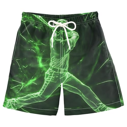 Boys Beach Board Shorts Doodle Baseball Neon Green Swim Trunk Teen Swimwear 8-16Y