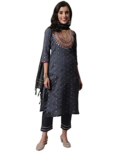 Image of VredeVogel Women's Silk Blend Embroidered Straight Kurta Trouser with Dupatta Set
