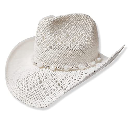 TOVOSO Western Cowgirl Hat for Women with Shapeable Brim Beaded Hearts Trim Shapeable Straw Cowboy Hat White