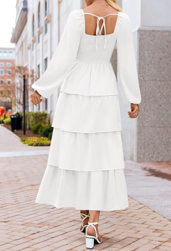 MEROKEETY Women's Summer Fall Long Sleeve Ruffle Tiered Dress 2025 Flowy Layered Square Neck Smocked Maxi Dresses4