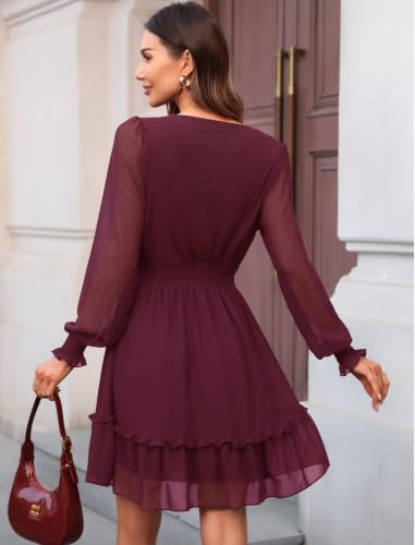 Image of Prettywear Women's Chiffon Long Sleeve Wrap Neck Wedding Guest Mini Dress | Wrap V Neck Smocked Waist Flowy Dress, Spring Fall Outfits for Cocktail, Vacation, Date Night Party