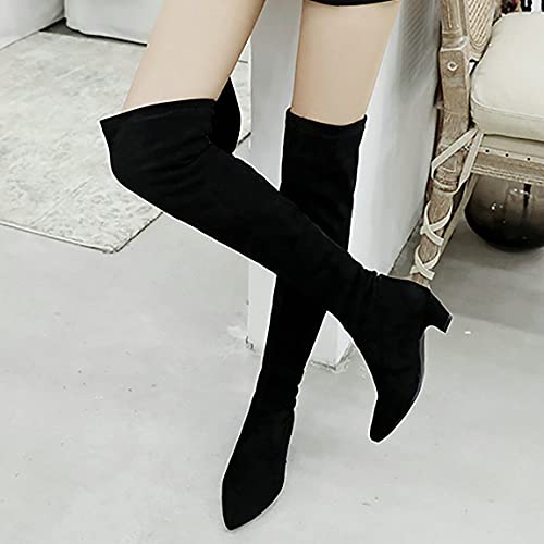 Trendenzy Womens Pointed Toe Kitten Heel Thigh High Boots Faux Suede Stretch Over The Knee Boots4
