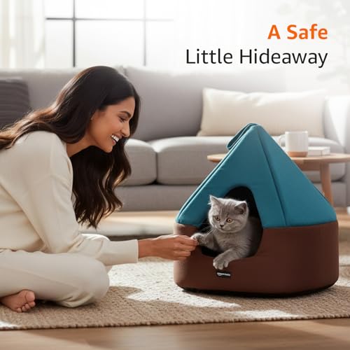 Image of Amazon Basics Pet Bed Cave | Soft & Warm Indoor Tent Bed for Cats, Kittens & Small Dogs | Foldable with Removable Cushion | Light Blue & Coffee | Diameter 45 cm, Height 45 cm