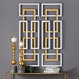 homary Modern Metal Wall Decor Set of 2 – Large Abstract Rectangle 3D Wall Sculpture, Contemporary Gold & Silver Decorative Art for Living Room, Bedroom, Office