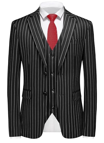 MOGU Mens 3 Piece Pinstripe Suit Slim Fit Double Vents Tuxedo Jacket Vest & Pants Casual Dress Set3