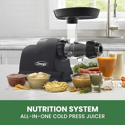 Image of Omega Cold Press Juicer Machine, All-in-One Nutrition System for Vegetable and Fruit Juice, Nut Butter, Baby Food, Pasta and Sorbets, Triple-Stage 80-RPM Slow Masticating Juicer, 200-Watts, Black