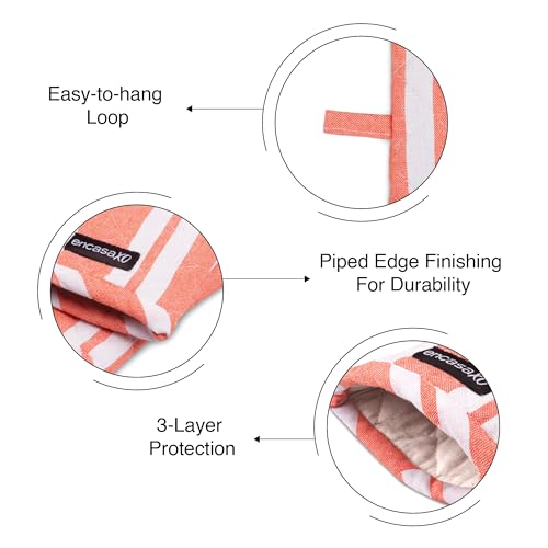 Image of Encasa XO Oven Gloves for Microwave (2 pc Set) - Heat Proof, Thick & Safe | Longer 18x30 cm Mittens for Protection in Kitchen Cooking & Baking - Franca Orange Stripes