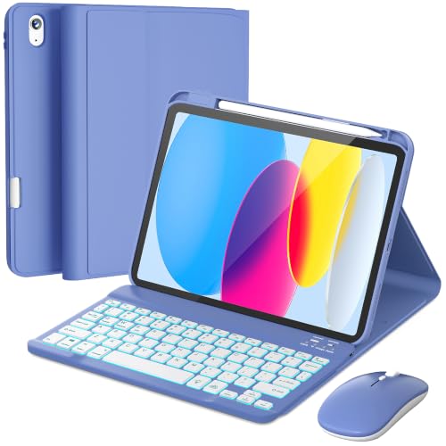 Image of RAYMCRAFT for iPad 11th (A16, 2025) / 10th Generation Case with Keyboard, Mouse and Detachable Wireless Keyboard, 7-Color Backlight, Slim Case with Pencil Holder, Lavender