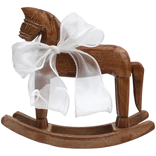Wooden Rocking Horse for Cake Topper & Decor with Ribbon, Vintage Statue, Desk Centerpiece, Unique Collectible Decorative Figurine Ornament for Table...