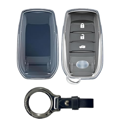 Image of Clear TPU Key Cover and Keychain Compatible for Toyota Fortuner | Hilux | Innova Crysta | Fortuner Legender | Innova HyCross | Land Cruiser Smart Key (Clear with SP02 Leather Black Keychain)